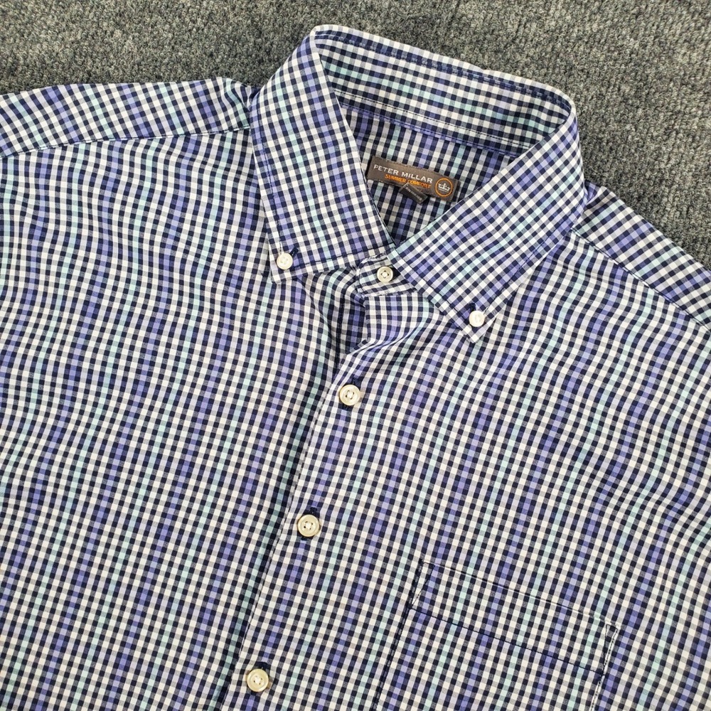 Peter Millar Shirt Mens L Summer Comfort Blue Purple Check Button-down Stretch
